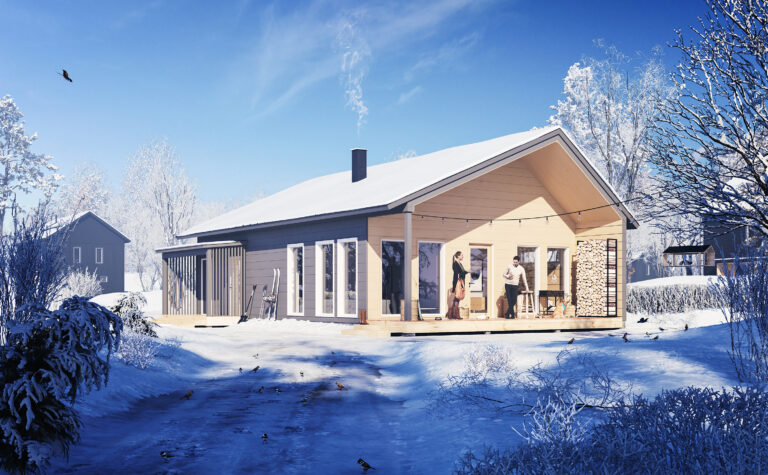 Moderni hirsimökki talvisessa maisemassa